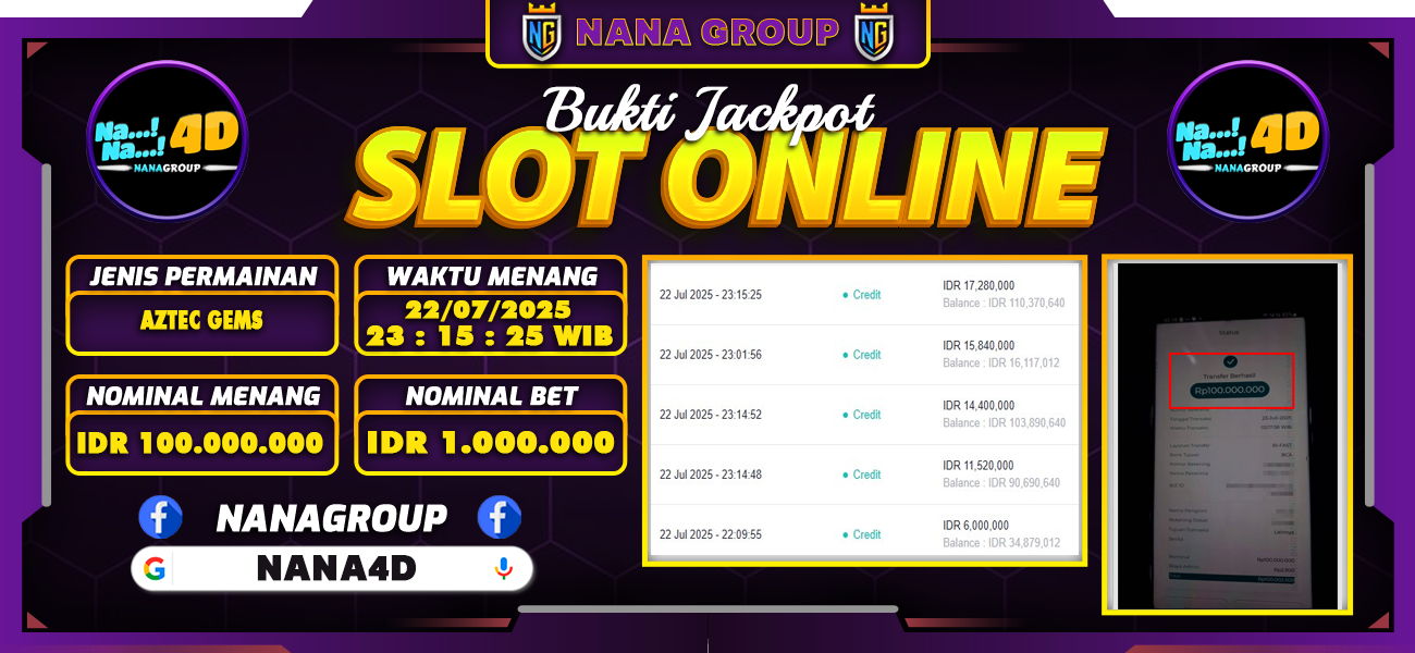 Bukti Kemenangan Besar Dibayar lunas Member NANA4D RP 100.000.000, 23 Juli 2025