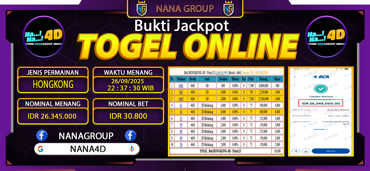 Bukti Kemenangan Besar Dibayar lunas Member NANA4D RP 26.345.000, 27 September 2025