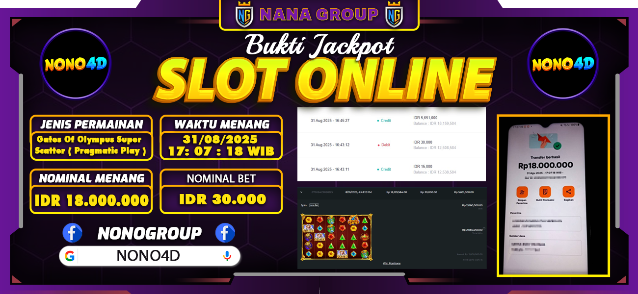 Bukti Kemenangan Besar Dibayar lunas Member NONO4D RP 18.000.000, 31 Agustus 2025