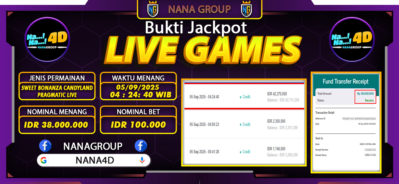 Bukti Kemenangan Besar Dibayar lunas Member NANA4D RP 38.000.000, 5 September 2025