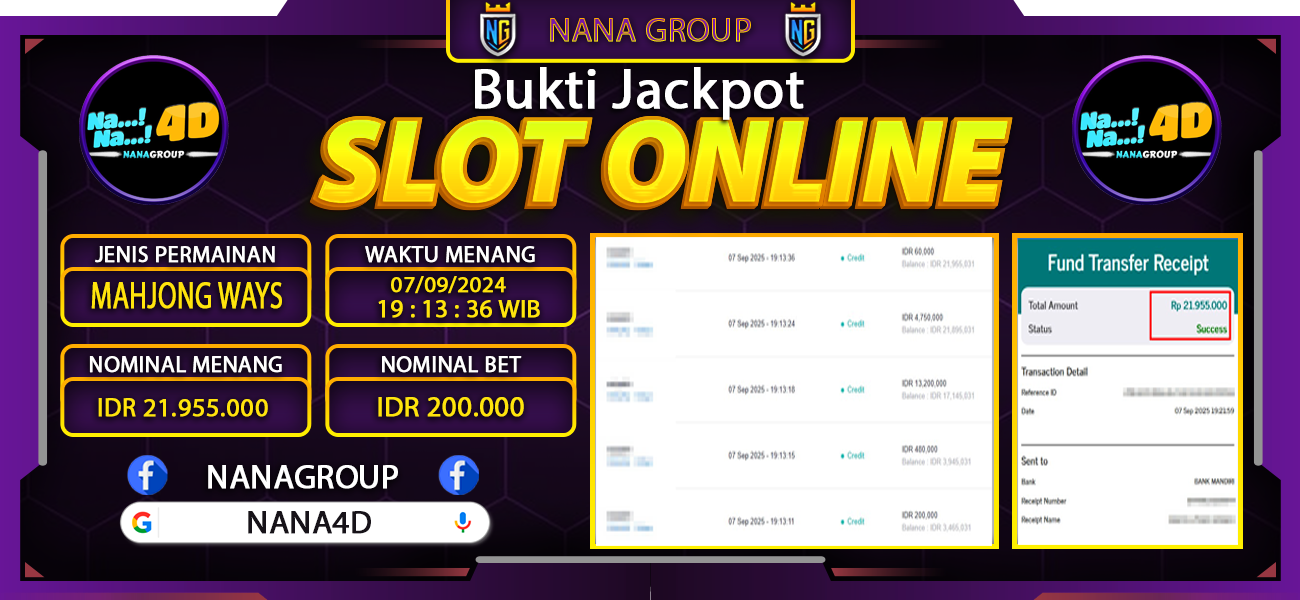 Bukti Kemenangan Besar Dibayar lunas Member NANA4D RP 21.955.000, 7 September 2025